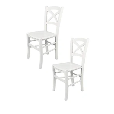 Abbildung von t m c s Tommychairs 2er Set Stühle Cross für Küche und Esszimmer, robuste Struktur aus lackiertem Buchenholz im Farbton Weiss Sitzfläche Holz in der Farbe