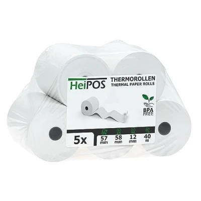 Abbildung von HeiGroup HeiPOS 50x Kassenrollen Thermorollen 57 mm x 40 m 12 55 g/m² Papier Für EC Cash, Kreditkarten Kassensysteme und mehr