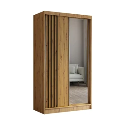 Abbildung von MargaretHome24 Kleiderschrank Neli mit Lamellen und Spiegel inklusive 2 Schiebetüren Schwebetürenschrank ((Farbe: Artisan, Lamelle schwarz), 120 cm)