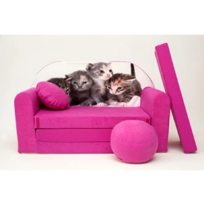 Abbildung von Pro Cosmo Kindersofa Bettfunktion 3in1 Sofa + Gratis Polsterhocker und Kissen Kindermöbel Set H6 Rosa Kätzchen