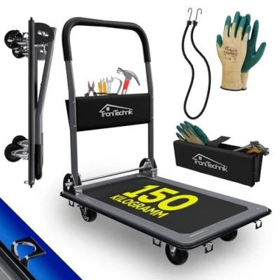 Abbildung von TroniTechnik Transportroller Transportwagen Plattformwagen klappbar, (zusätzliche Aufbewahrungstasche, inkl. Handschuhe und Spanngurt), 150 kg Tragkraft mit Antirutschbeschichtung, Ladefläche 72x48 cm