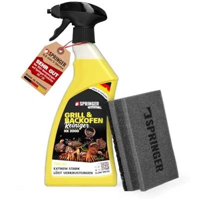 Abbildung von SPRINGER HX2000 Grillreiniger 750 ml + Grillschwamm Made in Germany Rauchharzentferner für hartnäckigen Schmutz &amp; Eingebranntes Backofen Reiniger Guss, Edelstahl, Glas etc.