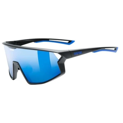 Abbildung von uvex skyryse Sportbrille für Damen und Herren starker Schutz vor Sonnenstrahlung direkte Rahmenbelüftung schwarz matt/blau verspiegelt one size
