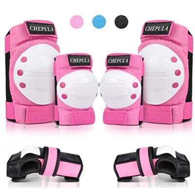 Abbildung von CHEPULA Schoner Inliner Kinder Erwachsene, 6 in 1 Protektoren Set, Verstellbare Knieschoner Ellenbogenschoner Handgelenkschoner, Schützer Schutzausrüstung Schonerset für Skateboard Skate, Pink S