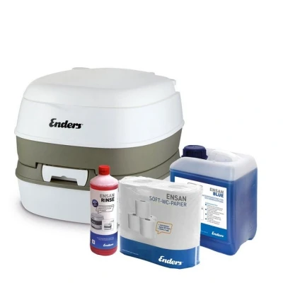 Abbildung von Enders® Campingtoilette Starter Set BLUE Comfort, (Spar Set, 1L RINSE + 2,5L 4 Rollen selbstauflösendes Toilettenpapier), Kolbenpumpe, geringes Gewicht, glatte und hygienische Oberfläche