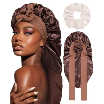 Abbildung von Coubeau Lange Schlafmütze Satin Bonnet Seidenhaube zum Schlafen Nacht Schlaf Mütze Verstellbare Schlafkappe Kopfbedeckung Weiche Kopfhaube Schlafhaube Seide mit Gummizug für Damen und Mädchen