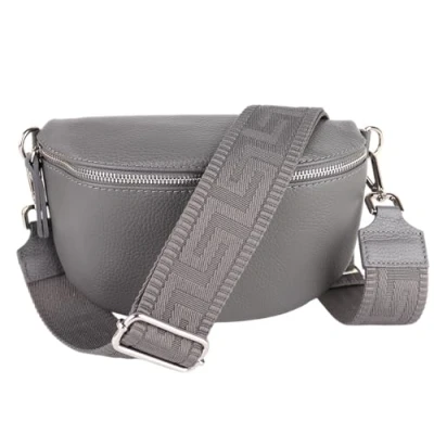 Abbildung von MIRROSI® Bauchtasche Damen, Echtleder, Made in Italy, Umhängetasche, Brusttasche, Crossbody Bag (1 Tasche &amp; 2 Gurte) (Dunkelgrau (UNI Dunkelgrau), Kleine (22x13x6cm))