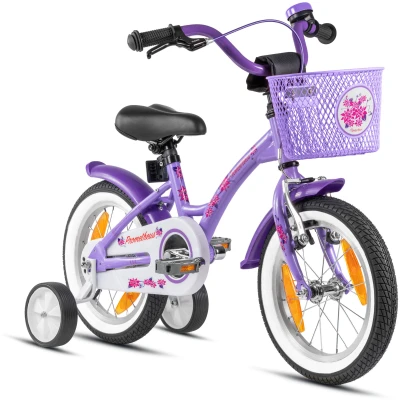 Abbildung von PROMETHEUS BICYCLES Kinderfahrrad ab 4 Jahren Mädchenfahrrad 14 Zoll Kinder Fahrrad Mädchen mit Stützräder Rücktrittbremse in Violett Lila