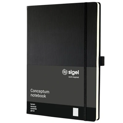 Abbildung von SIGEL CO115 Premium Notizbuch kariert, A4+, Hardcover, 194 nummerierte Seiten, schwarz, nachhaltiges Papier, mit Inhaltsverzeichnis, Stiftschlaufe, Falttasche, Gummibandverschluss, Conceptum
