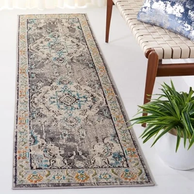 Abbildung von SAFAVIEH Boho Teppich für Wohnzimmer, Esszimmer, Schlafzimmer Monaco Collection, Kurzer Flor, Grau und Hellblau, 66 X 244 cm