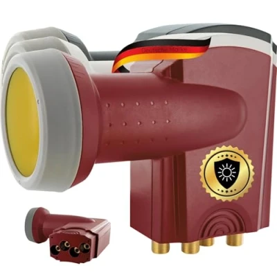 Abbildung von SCHWAIGER 418 Quattro LNB 4 Teilnehmer Sun Protect Low Noise Blockconverter LNC digital hitzebeständig Satellitenschüssel Zubehör Multischalter notwenig mit Wetterschutz vergoldete Kontakte rot