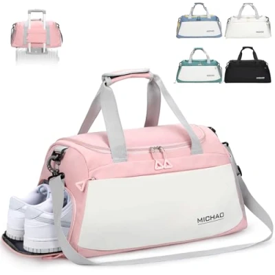 Abbildung von Damcyer Reisetasche Sporttasche Damen Groß 48x23x27 Mit Schuhfach Und Nassfach Wasserfest Handtasche Duffle Bag Für Sport &amp; Reisen Männer Frauen, Weiß+Rosa
