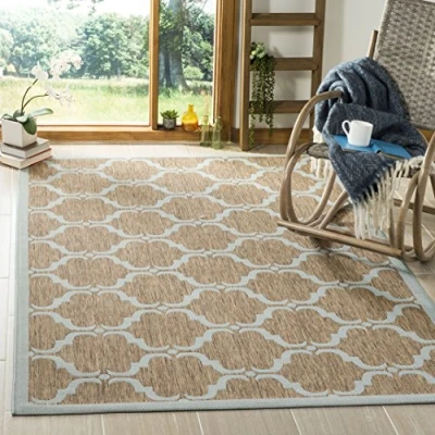 Abbildung von SAFAVIEH Geometrisch Teppich für Wohnzimmer, Esszimmer, Schlafzimmer Courtyard Collection, Kurzer Flor, Braun und Aqua, 160 X cm