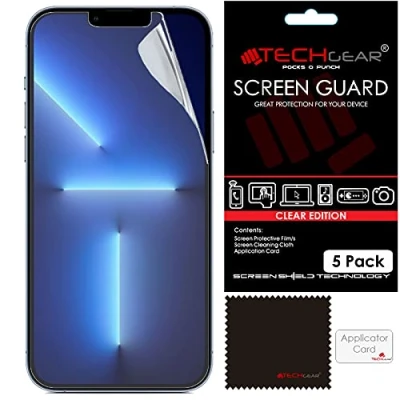 Abbildung von TECHGEAR 5 Stück Displayschutzfolie für iPhone 14 Plus Ultra Klare Schutzfolie Displayschutz mit Reinigungstuch + Applikationskarte Film Folie kompatibel