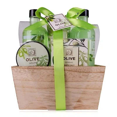Abbildung von Accentra Duschset Frauen Geschenkset OLIVE in schöner Holzbox 5 teiliges Pflegeset mit Duschgel, Schaumbad, Bodylotion, Körperpeeling und Badesalz Wellness Geschenk Set zum Geburtstag