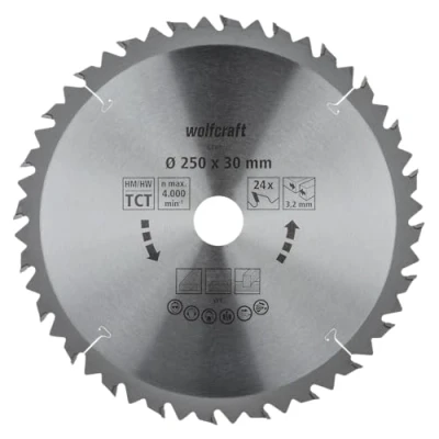 Abbildung von wolfcraft Tischkreissägeblatt HM 6740000 Ø 250 mm, 24 Zähne schnelle, grobe Arbeiten an Holz und Spanplatten Längs Querschnitte Wechselzahn