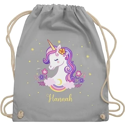 Abbildung von Turnbeutel Rucksack Einhorn Unicorn Unisize Hellgrau personalisierte wechselkleidung beutel name taschen turn sachen mädchen turnsackerl kindergarten kinder und stofftasche