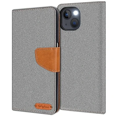 Abbildung von Verco kompatibel mit Apple iPhone 15 Plus Hülle, Schutzhülle für Tasche Denim Textil Book Case Flip Klapphülle, Grau