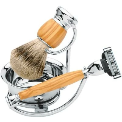 Abbildung von Erbe Shaving Shop Rasierset vierteilig, Olivenholz, Gillette Mach 3, mit Schale