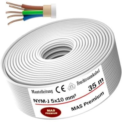 Abbildung von MAS Premium Feuchtraumkabel Stromkabel 5 200m Mantelleitung NYM J 3x1, 2,5 4 6 10 oder 5x1,5 16 Elektrokabel für feste Verlegung (NYM 5x10 mm², 35m)
