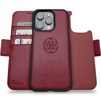 Abbildung von Dreem Fibonacci kompatibel mit iPhone 14 Pro Max Brieftaschen Etui / 2 in 1 stoßfestes und abnehmbares Folio aus veganem Leder, MagSafe kompatibel, RFID Schutz [Burgundisch]