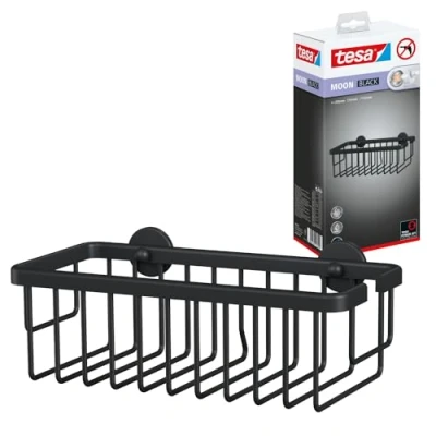 Abbildung von tesa Duschablage MOON Duschkorb ohne Bohren 9,2 x 25 12,5 cm, Packung 1 tlg., selbstklebende matt schwarz