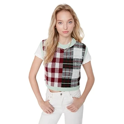 Abbildung von TRENDYOL Damen Ronde hals Colorblock nauwsluitend gebreid vest Sweater, Mint, L EU