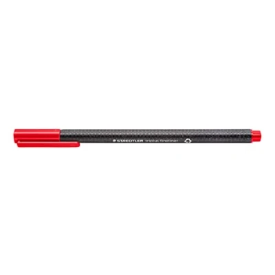Abbildung von STAEDTLER dreikantiger Fineliner triplus, rot, aus recyceltem Kunststoff, superfeine, metallgefasste 0,3 mm Spitze, lange Lebensdauer, 10 rote im Kartonetui, 334 R 2