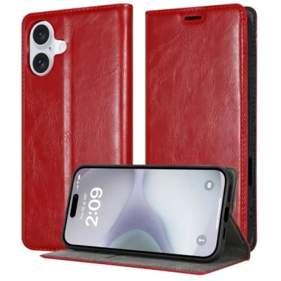 Abbildung von Cadorabo Hülle kompatibel mit Apple iPhone 16 in Apfel ROT Schutzhülle Magnetverschluss, Standfunktion und Kartenfach