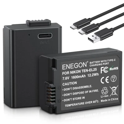 Abbildung von ENEGON Wiederaufladbare Ersatz Akkus EN EL25/EL25A mit Direktladung USB C 1600mAh (2 Stück) 2 in 1 Typ Ladekabel für Nikon Z Serie Z50, Z30, FC,Nikon EL25/EL25A,4241 und MH 32