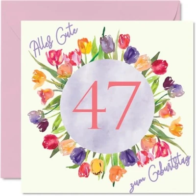 Abbildung von 47. Geburtstagskarte für Frauen Aquarell Tulpen Blumen Strauß Alles Gute zum Geburtstagskarten 47 Jährige Frau Tochter Schwester Tante, 145mm Siebenundvierzig Geburtstag Grußkarten
