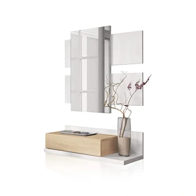 Abbildung von Flur mit Schublade und Spiegel, Eingangsmöbel, Modell Tekkan, Ausführung in Artik White kanadischer Eiche, Maße: 75 cm (Breite) x 116 (Höhe) 29 (Tiefe)