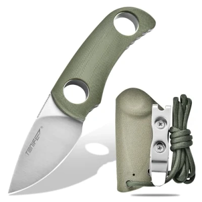 Abbildung von TONIFE Runer Feststehendes Neck Knife mit Scheide und Lanyard 4,7cm Full Tang Klinge EDC Messer für Outdoor (Grün+Satin)