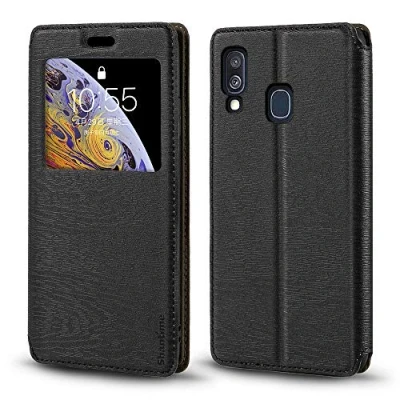 Abbildung von Schutzhülle für Samsung Galaxy A40, Holzmaserung, Leder, mit Kartenhalter und Fenster, magnetisch, Flip Cover A40 (schwarz)