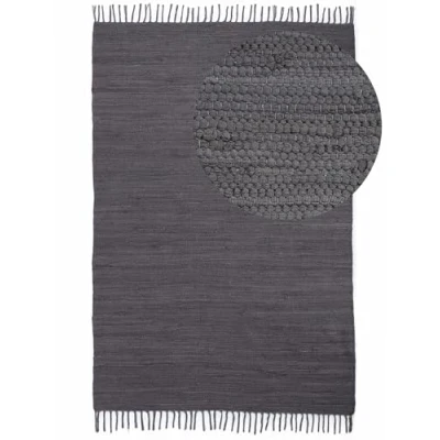 Abbildung von carpetfine Flickenteppich Kelim Chindi Uni Grau 70x140 cm, handgewebt Fleckerlteppich aus Baumwolle für Wohnzimmermit Fransen
