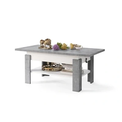 Abbildung von All4All Couchtisch Rino Kaffeetisch Wohnzimmertisch mit Ablage Sofatisch ausziehbar bis 170cm höhenverstellbar 130x65cm 05 Beton + Weiß