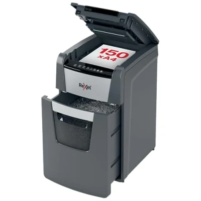 Abbildung von Rexel 202015M Optimum AutoFeed+ 150M Automatischer Aktenvernichter, 150 Blatt automatisch, Sicherheitsstufe P5, Mikroschnitt, für kleinere Büros, 44 Liter Abfallbehälter, 2020150MEU
