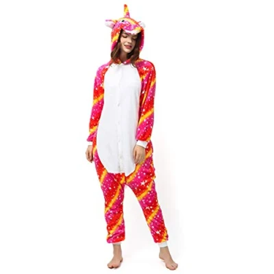 Abbildung von Katara Partyanzug Einhörner Jumpsuit Onesie Erwachsenen Kostüm S XL, Karneval Kostüm, Kigurumi Einhorn Pink Gelb Sterne (145 155cm)