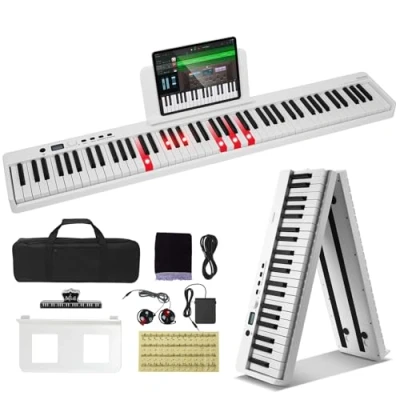 Abbildung von VEVOR E Piano 88 Tasten Faltbares Digital Bluetooth MIDI tragbares elektronisches digitales Klappklavier mit Sustain Pedaltasche berührungsempfindlichen Kopfhörern wiederaufladbar weiß