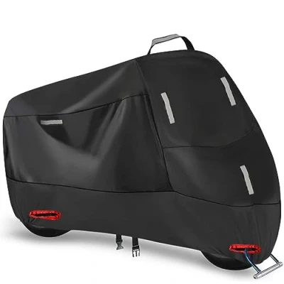 Abbildung von 300D Motorradabdeckung Outdoor Wasserdicht Motorrad Abdeckplane Roller Abdeckhaube Motorradplane Schutzhülle mit 5 Reflektionsstreifen und 2 Schlossloch Winddichte Schnalle (L: 220x95x110cm)