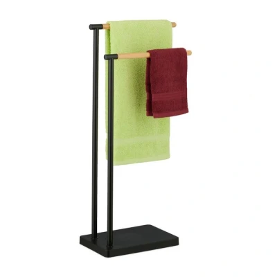 Abbildung von Relaxdays Handtuchhalter stehend, Handtuchständer mit 2 Stangen, für Hand &amp; Badetücher, Edelstahl, Bambus, schwarz