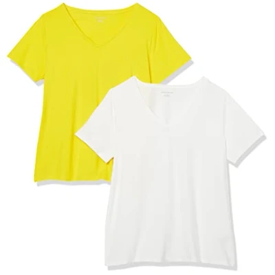 Abbildung von Amazon Essentials Damen T Shirt mit V Ausschnitt und kurzen Ärmeln in Übergröße, 2er Pack, Weiß/Zitronengelb, XXL Große Größen