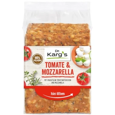 Abbildung von Dr. Karg’s Knäckebrot Tomate Mozarella knusprig, vegetarisch, fruchtige Tomatenstückchen &amp; Mozarella, reich an Ballaststoffen, 100% Vollkorn ohne Zusatzstoffe, 10 x 200g
