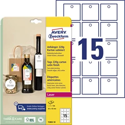 Abbildung von AVERY Zweckform T2003 10 stabile Anhänger 150 Stück inkl. Schnüre (50x50mm auf A4, beidseitig bedruckbare Produktanhänger, extra glatte Kanten, Geschenkanhänger, Preisanhänger) Karton 220g, weiß