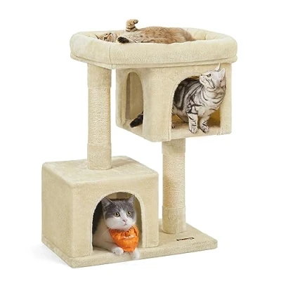 Abbildung von Feandrea Kratzbaum, 84 cm Katzenbaum, L, Katzenhaus für große Katzen bis zu 7 kg, Plattform, 2 Katzenhöhlen, Sisalstämme, beige PCT61M