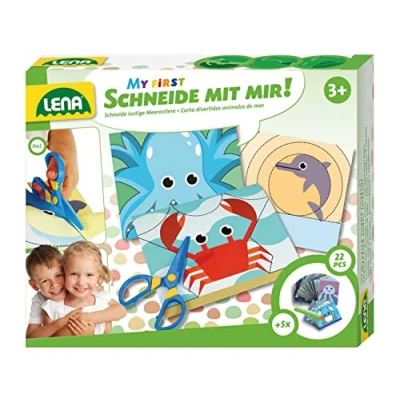 Abbildung von Lena 42632 My First Bastelset Schneide mit Mir Meerestiere, Komplettset Kunststoff Kinderschere, 26 lustige Tiere zum Ausschneiden und Ausmalen, Bastel Set Malset für Kinder ab 3 Jahre, Mittel