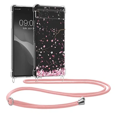 Abbildung von kwmobile Necklace Case kompatibel mit Google Pixel 6a Hülle Silikon Cover Handykette Rosa Dunkelbraun Transparent Kirschblütenblätter