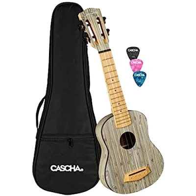 Abbildung von CASCHA Bamboo Graphit Concert Ukulele Erwachsene &amp; Kinder inkl.3 Plektren gepolsterte Tasche Bambus für Anfänger oder Fortgeschrittene , HH 2316, grau