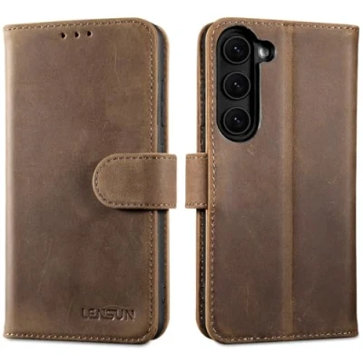 Abbildung von LENSUN Echtleder Hülle für Samsung Galaxy S23, Handyhülle [Echtes Leder] [Kartenfach] [Standfanktion] Lederhülle Handytasche S23 5G Vintage Dunkelbraun