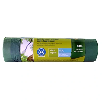 Abbildung von SECOLAN Müllbeutel, 15 Stück/Rolle, mit Zugband, 60 Liter, grün, 100% Recycling Material
